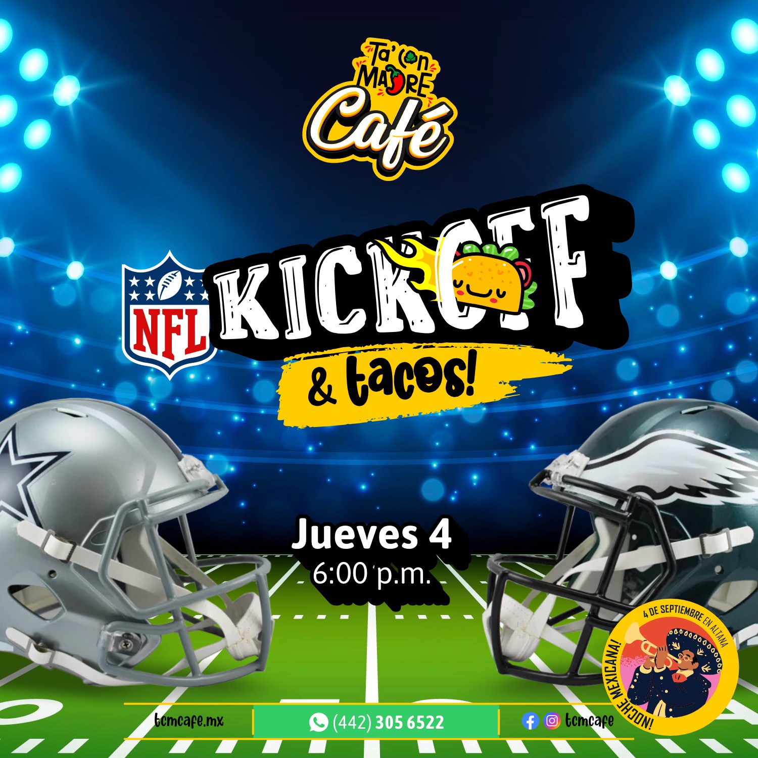 Promoción de café y tacos para el fútbol americano